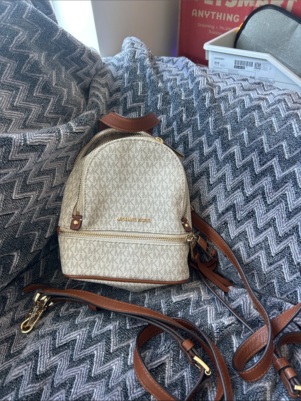 Michael Kors Cream & Brown Signature Mini Backpack
